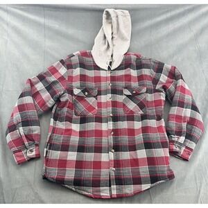 Wrangler Authentics Jacket Mens Large Red Gray Plaid Hooded Flannel Lined Shirt